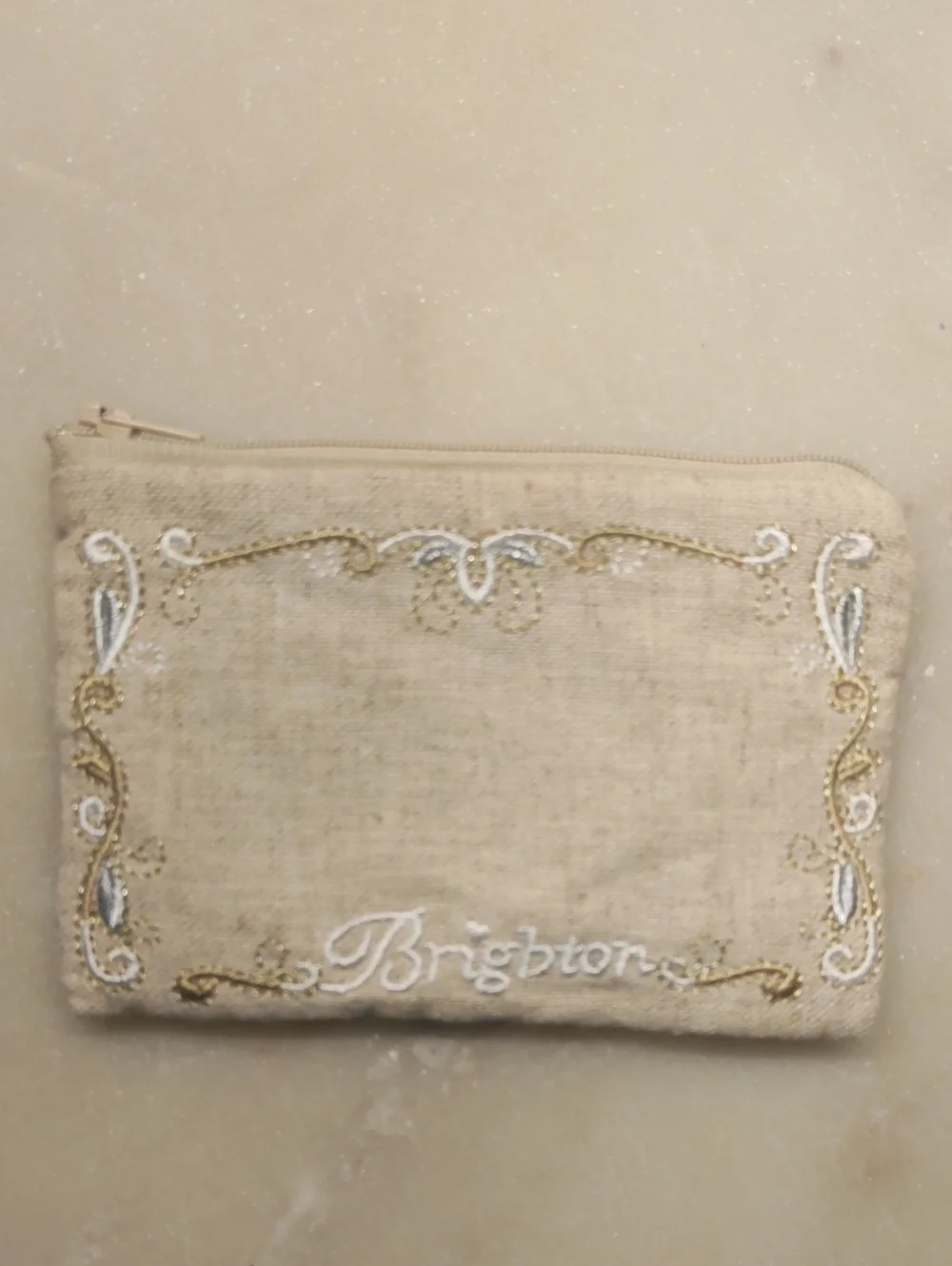 NEW! Brighton Small Zipper Pouch Travel Beige With Scrolls Embroidery